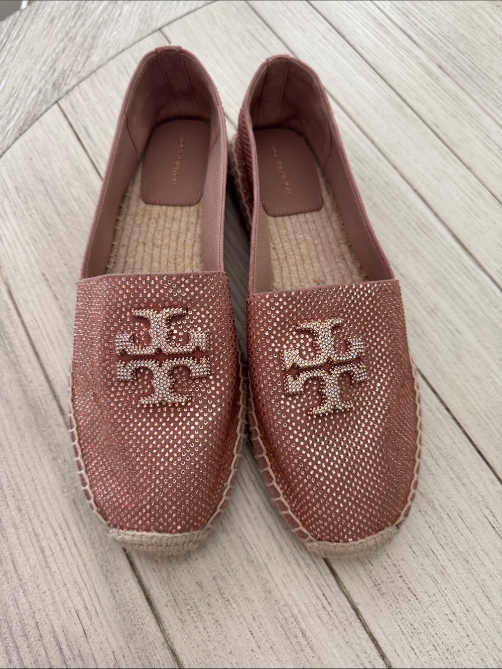 Tory Burch Everly Embellished Rose Gold Espadrille Flats